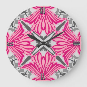 Abstract Flower Petals Fuchsia Pink and Grey  Large Clock