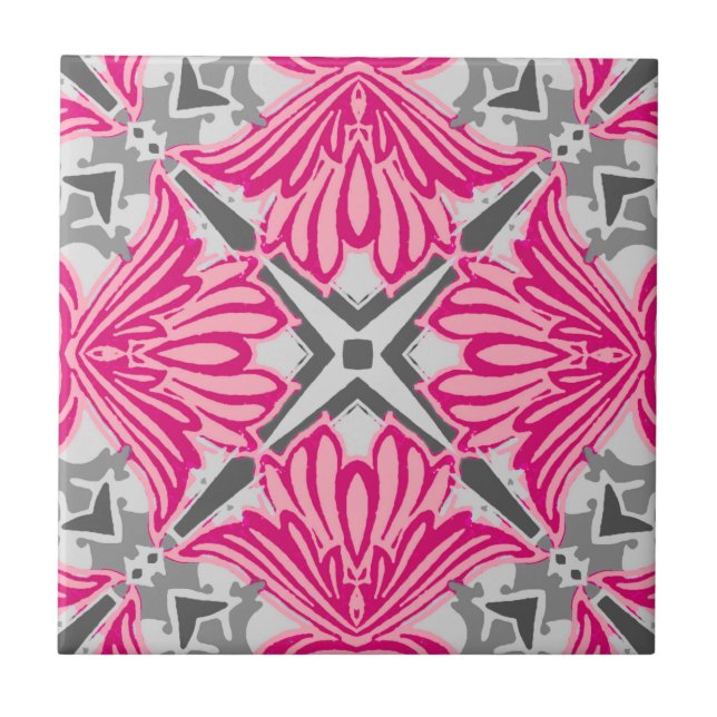 Abstract Flower Petals Fuchsia Pink and Grey  Tile (Front)