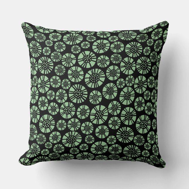 Abstract Flowers 031023 - Faded Green on Black Throw Pillow (Front)