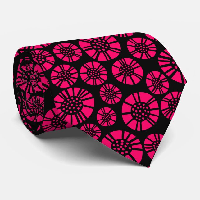 Abstract Flowers 031023 - Neon Red on Black Tie (Rolled)