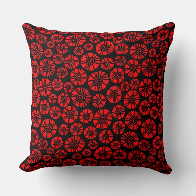Abstract Flowers 031023 - Red on Black Throw Pillow (Front)