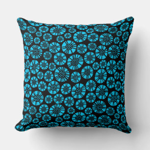 Abstract Flowers 031023 - Sky Blue on Black Throw Pillow