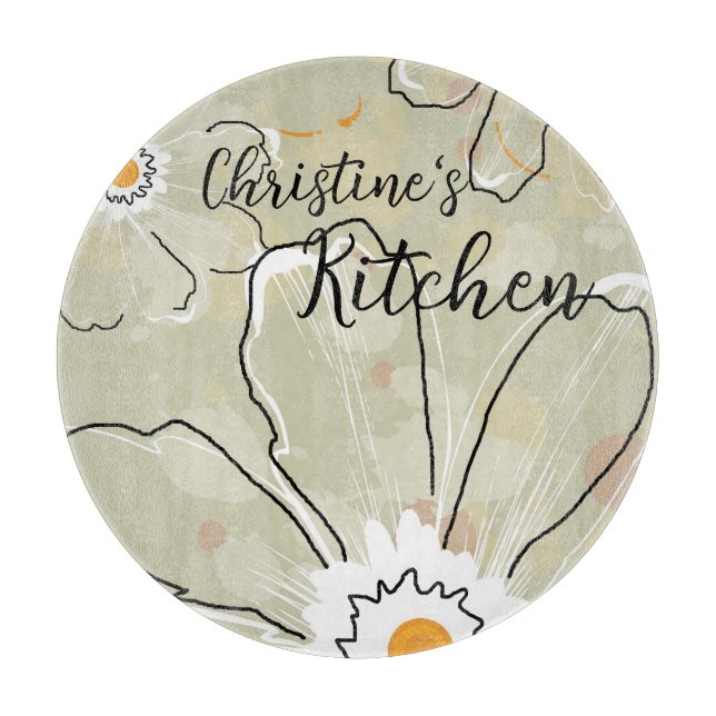 Abstract Flowers Add a Name 12" Glass Cutting Board (Front)