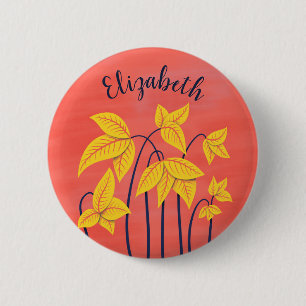 Abstract Flowers Coral Yellow Floral Art Name 2 Inch Round Button
