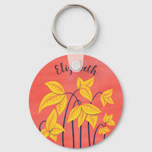 Abstract Flowers Coral Yellow Floral Art Name Keychain