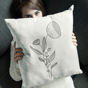 Abstract Flowers Doodle Black White Stylish Throw Pillow