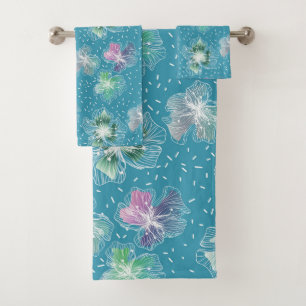 Abstract flowers on beautiful light blue tones bath towel set