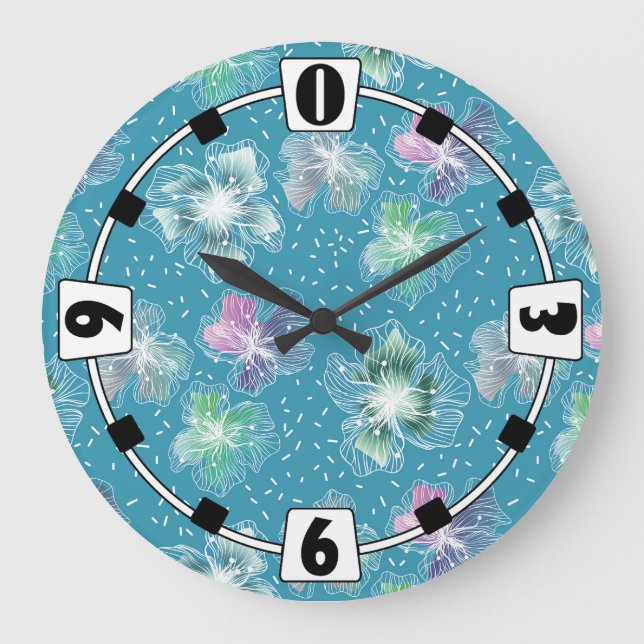 Abstract flowers on beautiful light blue tones large clock (Front)