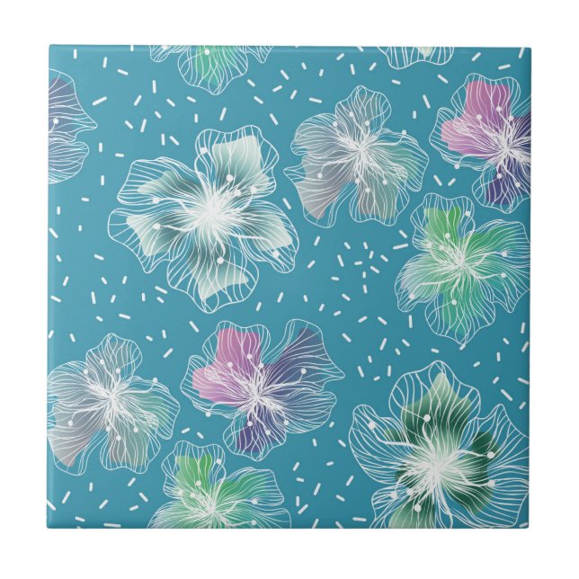Abstract flowers on beautiful light blue tones tile (Front)