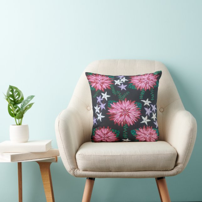 Abstract Flowers on Black Throw Pillow (Chair)