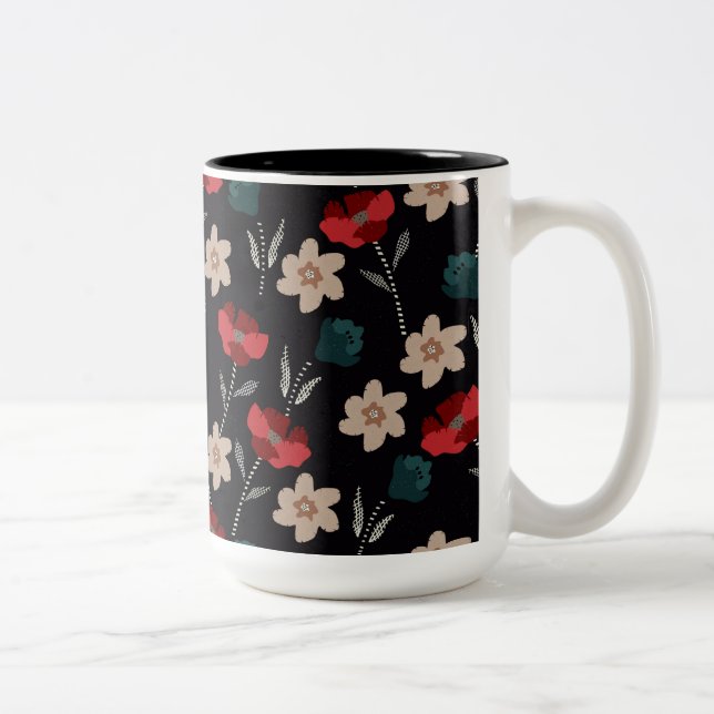 Abstract flowers on black Two-Tone coffee mug (Right)