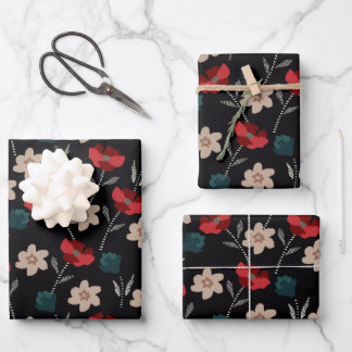 Abstract Flowers on Black Wrapping Paper Sheet