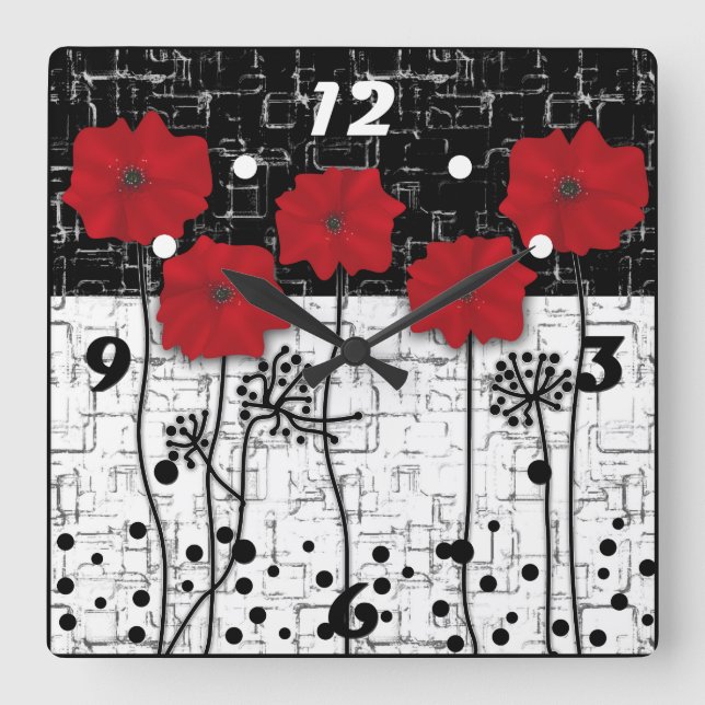 Abstract flowers red poppy floral modern tile vint square wall clock (Front)