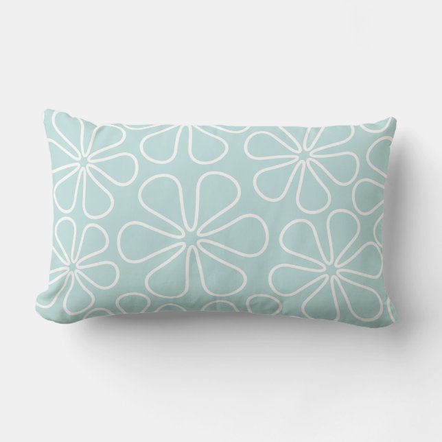 Abstract Flowers White on Duck Egg Blue Lumbar Pillow (Front)