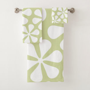 Abstract Flowers White on Lime Bath Towel Set