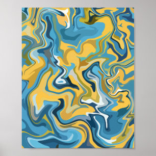 Abstract Fluid Art with Blue and Yellow Swirls Poster