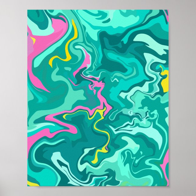 Abstract Fluid Art with Green, Pink, & Yellow  Poster (Front)