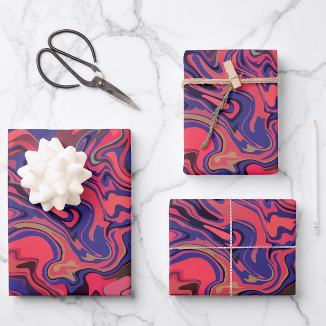 Abstract Fluid Art with Red and Deep Blue Wrapping Paper Sheet (Front)