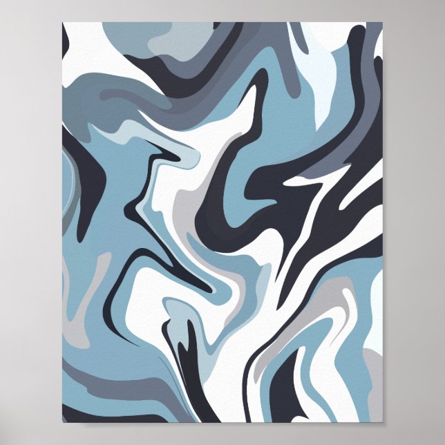 Abstract Fluid Art with Swirling Blue & Grey Tones Poster (Front)