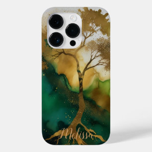 Abstract Fluid green Gold tree Personalize name Ca Case-Mate iPhone 14 Pro Case