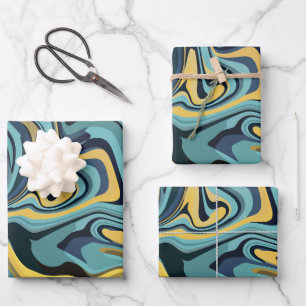 Abstract Fluid Motion with Blue and Yellow Swirls Wrapping Paper Sheet