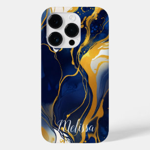 Abstract Fluid Navy Blue Gold Personalize name Case-Mate iPhone 14 Pro Case
