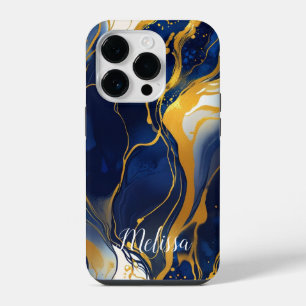 Abstract Fluid Navy Blue Gold Personalize name iPhone 14 Pro Case
