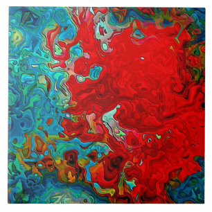 Abstract Fluid Swirls Blue, Green & Red Tile