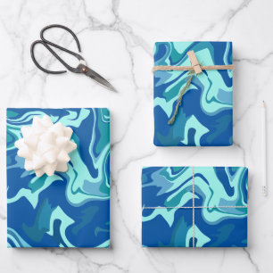 Abstract Fluid Wave Art with Blue & Teal Swirls Wrapping Paper Sheet