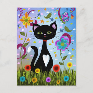 Abstract Folk Art: Charming Black and White Cat Postcard