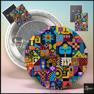 Abstract Folk Art Geometric Quilt Mosaic 1 Inch Round Button