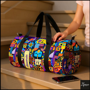 Abstract Folk Art Geometric Quilt Mosaic Duffle Bag