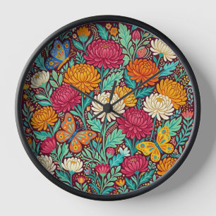 Abstract Folk Chrysanthemum Butterflies Art Clocks