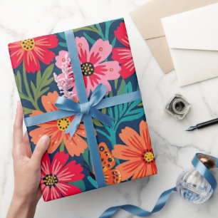 Abstract Folk Flowers Butterflies Wrapping Paper