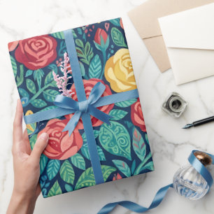 Abstract Folk Roses Butterflies Wrapping Paper