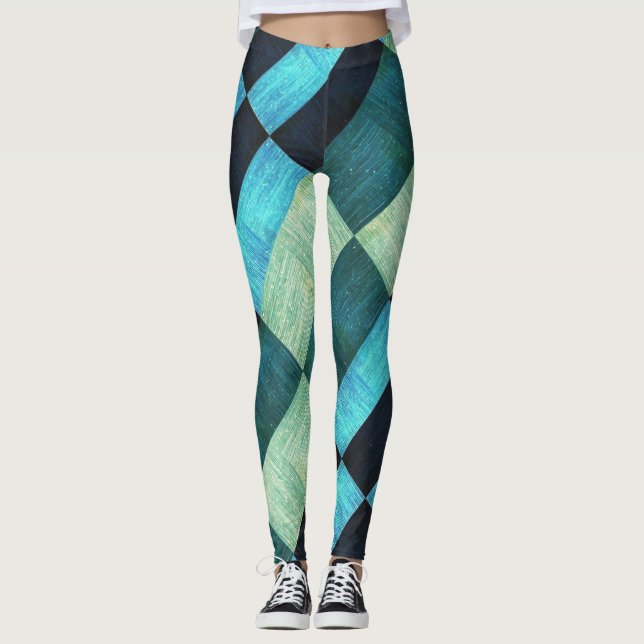 Abstract forms of shades of blue leggings (Front)