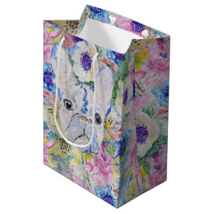 Abstract French bulldog floral watercolor paint Medium Gift Bag