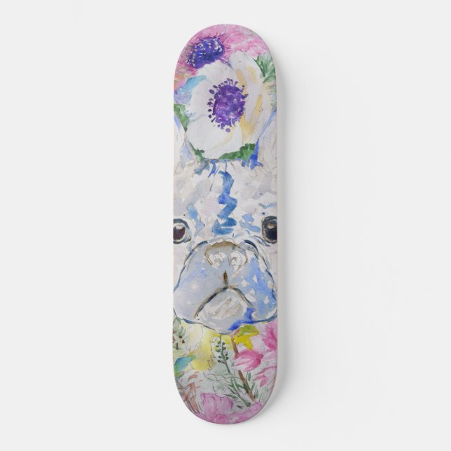 Abstract French bulldog floral watercolor paint Skateboard (Front)