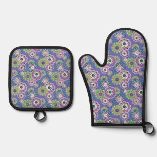 Abstract fun cartoon flowers floral kids scandinav oven mitt & pot holder set