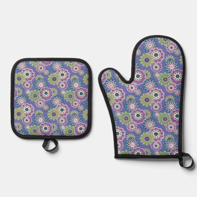 Abstract fun cartoon flowers floral kids scandinav oven mitt & pot holder set (Front)