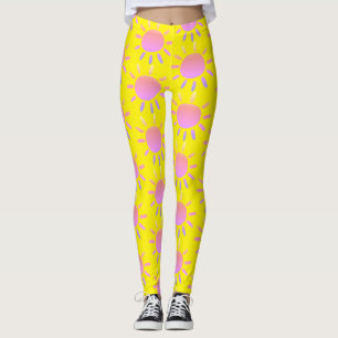 Abstract Fun Colourful Pink Sun Pattern On Yellow Leggings