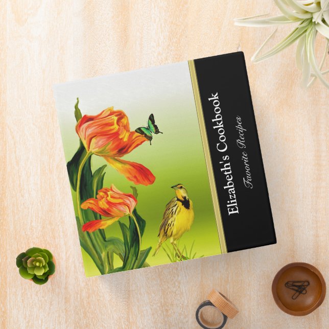 Abstract funky finch recipe cookbook with gold binder (In Situ)