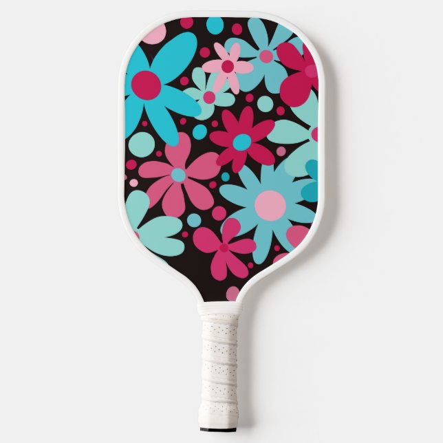 Abstract, funky pink & blue flowers  pickleball paddle (Back)