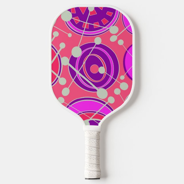 Abstract, funky, pink, purple, & white geoshapes. pickleball paddle (Front)