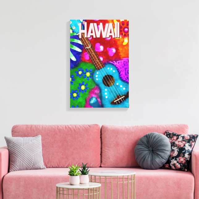 Abstract Funky Ukulele Floral Tropical Teal Purple Canvas Print (Insitu(LivingRoom))