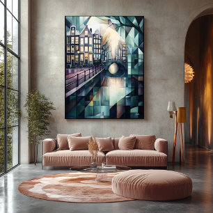 Abstract Geometric Amsterdam Skyline with Canal Canvas Print