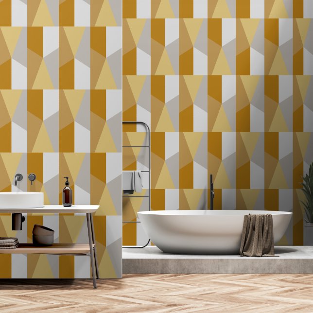 Abstract Geometric Art Silver Gold Grey Squares Wallpaper (Bathroom)