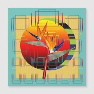 Abstract geometric bird flower aqua yellow red sun