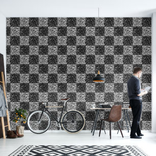 Abstract Geometric Black and Grey Chequerboard Wallpaper