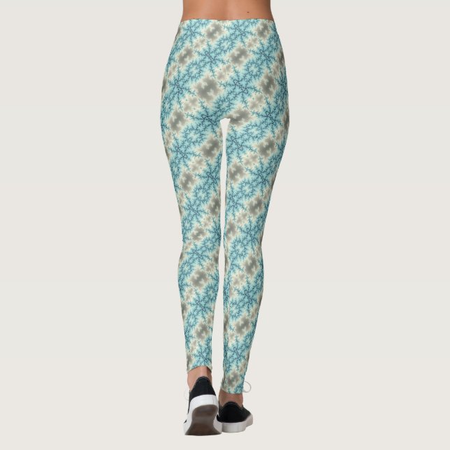 Abstract geometric blue and grey snowflake pattern leggings (Back)